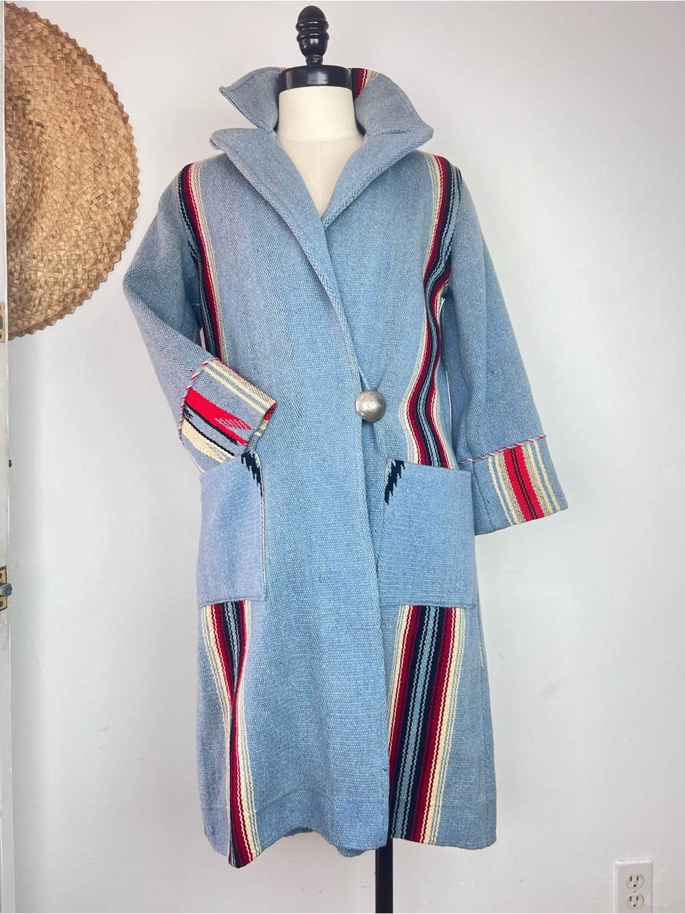 GANSCRAFT 30s 40s Vintage Blue Wool Chimayo Western Geometric Blanket Coat S M